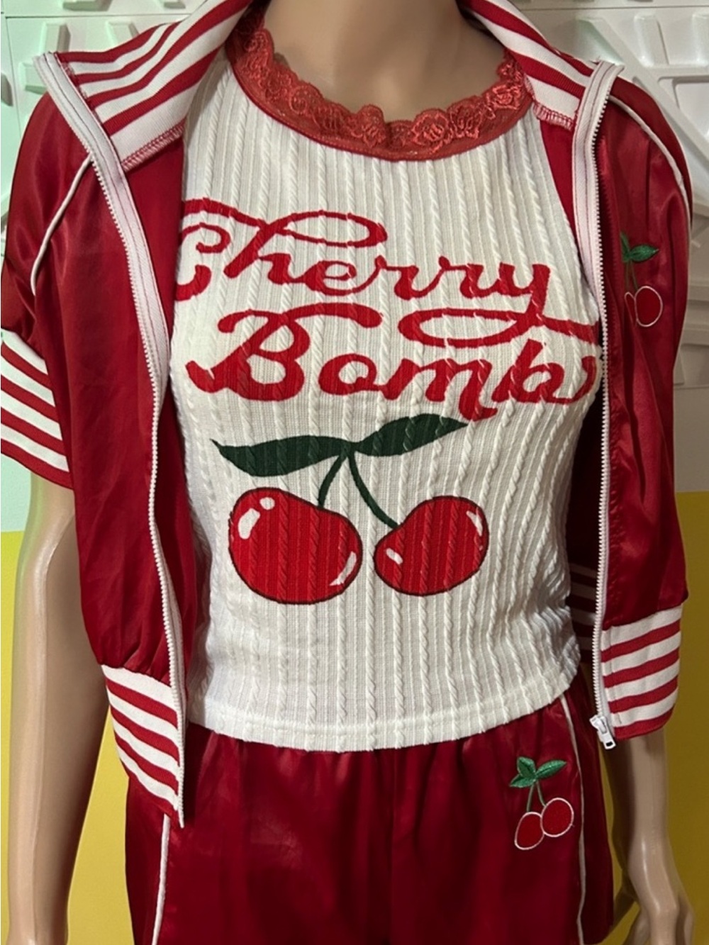 Bundle White Cherry 🍒 bomb Top with Red Accents and Satin 2pc short set